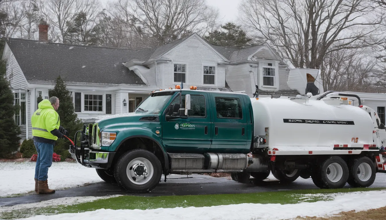A septic service truck parked beside a snowy home in Camden, NJ