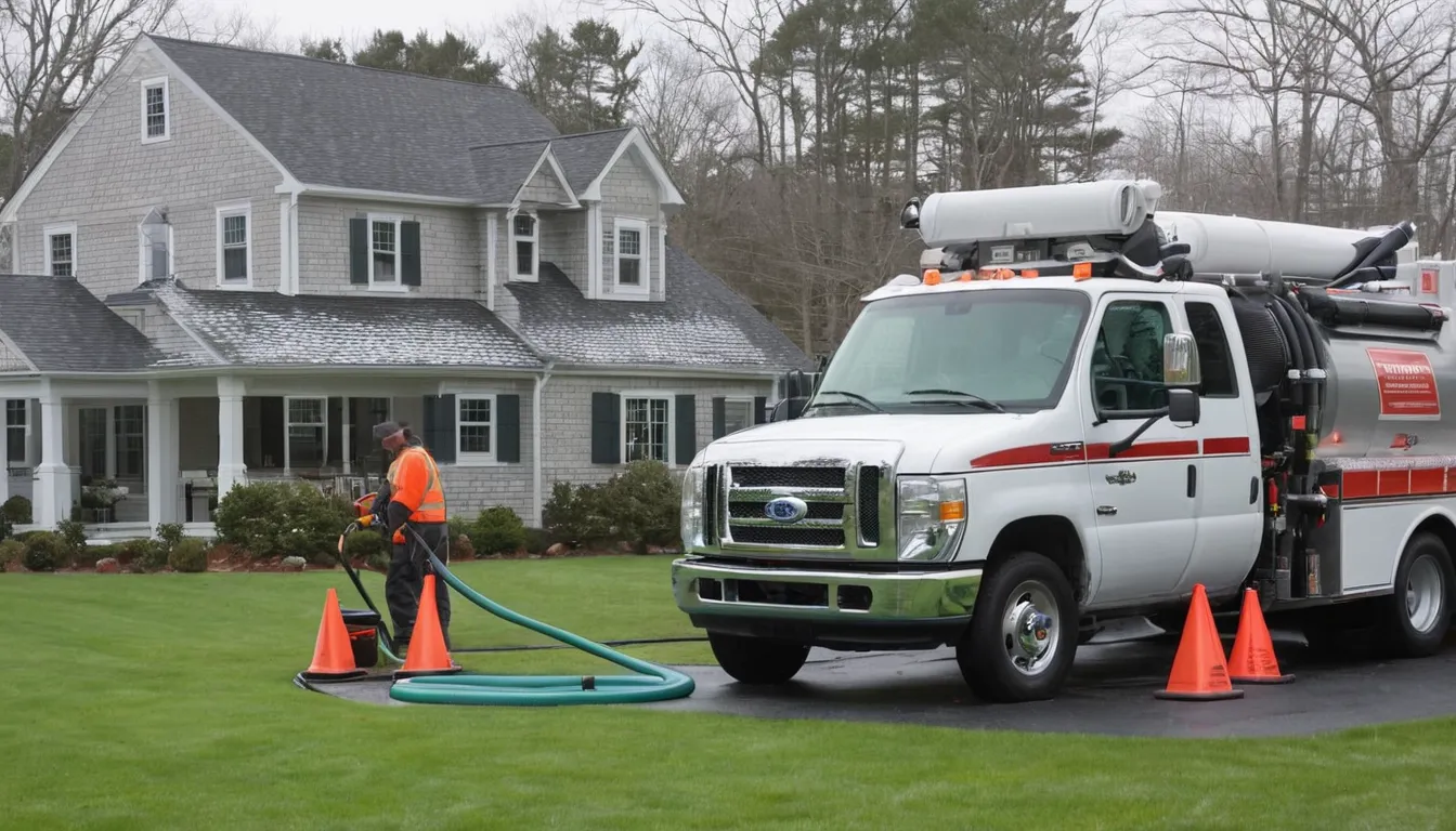 Septic provider pumping a residential tank beside a New England style home in Camden